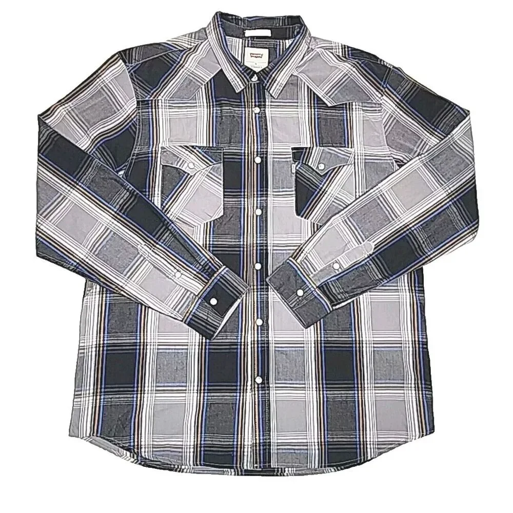 Levi's Shirt Western Cotton Pearl Snap Blue Gray Plaid Men Sz XL Standard Fit